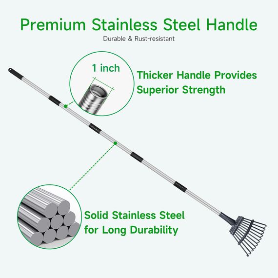 Rechen für Blätter, strapazierfähig, 182 cm lang, erweiterbar, 45,7 cm breit, Gartenrechen mit 25 verstärkten Zinken und Edelstahlgriff für Rasen, Hof, Laubreinigung