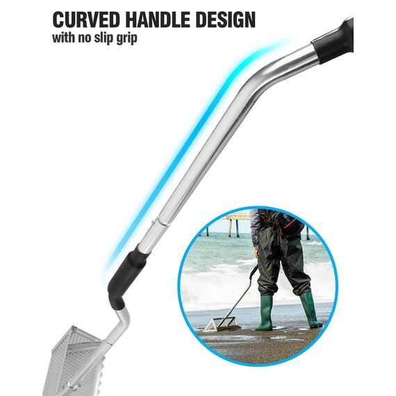 Exact Design Sand-Flohhharke, eloxiertes Aluminium, einteilig, robust, 147,8 cm Langer Griff, 40,6 cm breiter Korb, scharfe Zähne, gebogener Griff