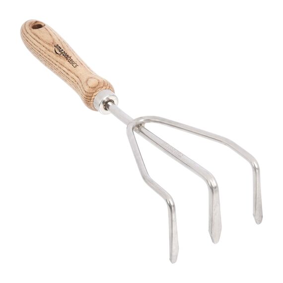 Amazon Basics - Gartenwerkzeug-Set, 3-teilig, mit Edelstahl-Kelle, Umpflanzkelle und Handharke, Silber/Holz-farbe