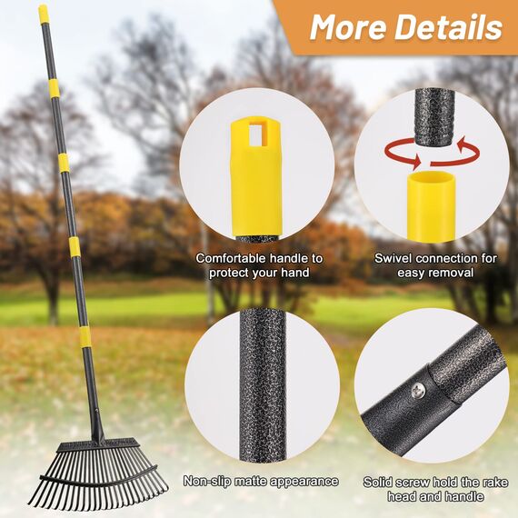Laubbesen für Gartenarbeit – 45.7 cm breiter Gartenrechen für Blätter, 25 Zinken, Hofrechen für Rasenflächen, robust, 91.4–198.1 cm, Gras, abnehmbar für Camping