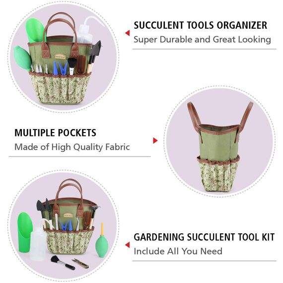 G GOOD GAIN Garten-Sukkulenten-Set mit Organizer-Tasche, Indoor-Mini-Hand-Gartenwerkzeug-Set, 14-teilige Werkzeuge für Bonsai-Pflanzgefäße Miniatur-Feenpflanzpflege.Grün
