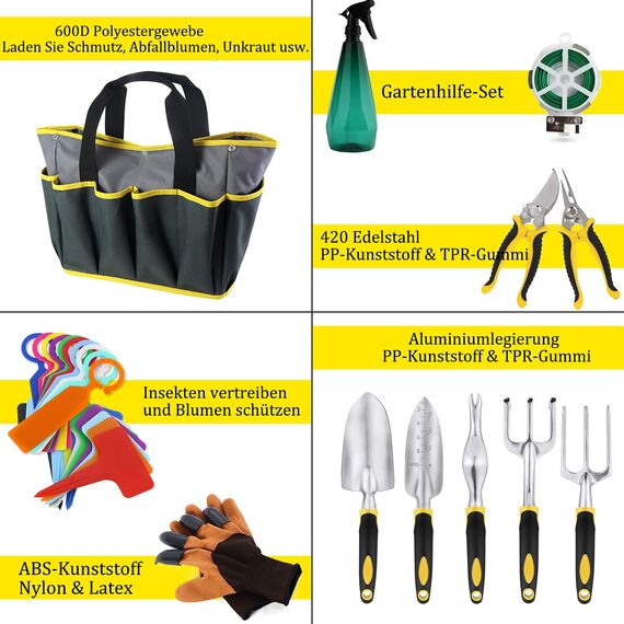 MKYRLX Gartenwerkzeug Set 32-teilig, ergonomische Gummigriffe mit Mehreren Köpfen, strapazierfähige Aufbewahrungstasche, Gartengeräte als Geschenk für Damen und Herren