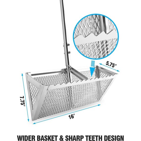 Exact Design Sand-Flohhharke, eloxiertes Aluminium, einteilig, robust, 147,8 cm Langer Griff, 40,6 cm breiter Korb, scharfe Zähne, gebogener Griff