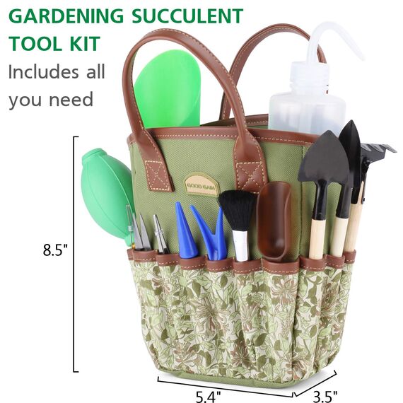 G GOOD GAIN Garten-Sukkulenten-Set mit Organizer-Tasche, Indoor-Mini-Hand-Gartenwerkzeug-Set, 14-teilige Werkzeuge für Bonsai-Pflanzgefäße Miniatur-Feenpflanzpflege.Grün
