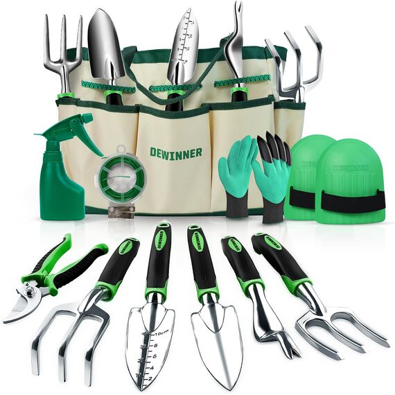 DEWINNER 11-teiliges Gartengeräte-Set, Garten-Sets mit Werkzeugtasche, robuste Garten-Handwerkzeuge und Ausrüstung, Edelstahl-Gartengeschenke für Damen und Herren