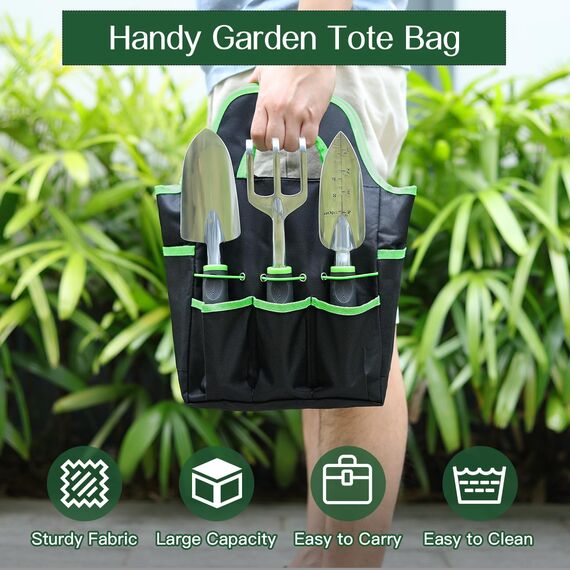 Housolution Gartengeräte Set, 8 PCS Gartenarbeit-Handwerkzeug-Set, Robust Aluminiumlegierung Gartenarbeit Zubehör mit Gummi Storage Tote Bag, Grün