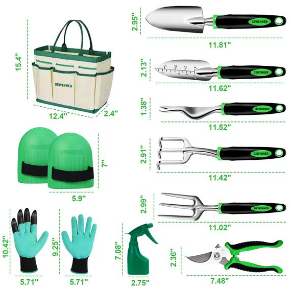 DEWINNER 11-teiliges Gartengeräte-Set, Garten-Sets mit Werkzeugtasche, robuste Garten-Handwerkzeuge und Ausrüstung, Edelstahl-Gartengeschenke für Damen und Herren