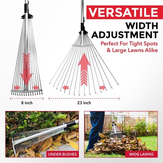 TABOR TOOLS J16E Gartenrechen, Metall Harke mit teleskopierbare Griff (82-160cm), verstellbare Laubbesen mit zusammenklappbare Werkzeugkopf (20cm - 58cm)
