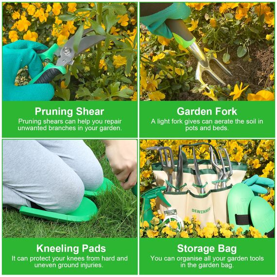 DEWINNER 11-teiliges Gartengeräte-Set, Garten-Sets mit Werkzeugtasche, robuste Garten-Handwerkzeuge und Ausrüstung, Edelstahl-Gartengeschenke für Damen und Herren