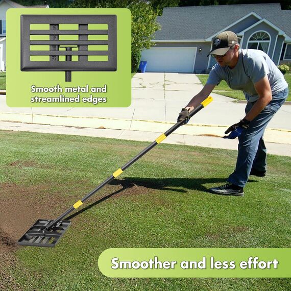 Rasen-Nivellierrechen, 43.2x25.4 cm, Rasen-Nivellierwerkzeug für Rasenflächen mit 1.5 m ergonomischem Griff, robuste Nivellierrechen für Rasen, Hof, Garten, Golfplatz, Sand, Schmutzoberflächen