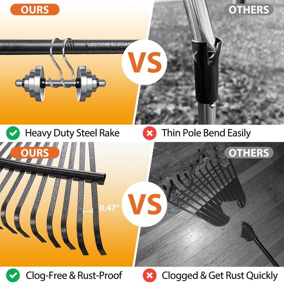Rechen für Blätter, strapazierfähig, großer Garten-Laubbesen für Rasen, 165 cm, Gartenrechen mit rücksparendem langem Griff, 47 cm breit, 25 Zinken Kopf für schnelle Reinigung, Hof-Grasschnitt,
