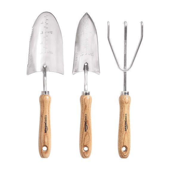 Amazon Basics - Gartenwerkzeug-Set, 3-teilig, mit Edelstahl-Kelle, Umpflanzkelle und Handharke, Silber/Holz-farbe