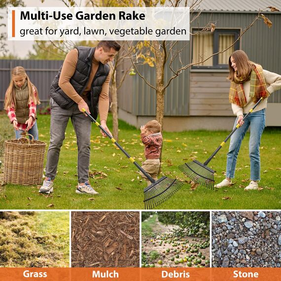 Rechen für Blätter, strapazierfähig, großer Garten-Laubbesen für Rasen, 165 cm, Gartenrechen mit rücksparendem langem Griff, 47 cm breit, 25 Zinken Kopf für schnelle Reinigung, Hof-Grasschnitt,