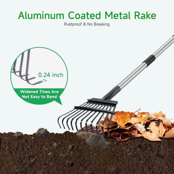 Rechen für Blätter, strapazierfähig, 182 cm lang, erweiterbar, 45,7 cm breit, Gartenrechen mit 25 verstärkten Zinken und Edelstahlgriff für Rasen, Hof, Laubreinigung