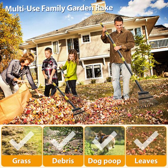 Rechen für Blätter, Gartenrechen für Rasen, strapazierfähig, Metallwerkzeuge mit 22,9 cm kleinem, schmalem Kopf, 94 cm - 200,7 cm Verstellbarer Langer Griff, 11 Stahlzinken, Schnellreinigungswerkzeug