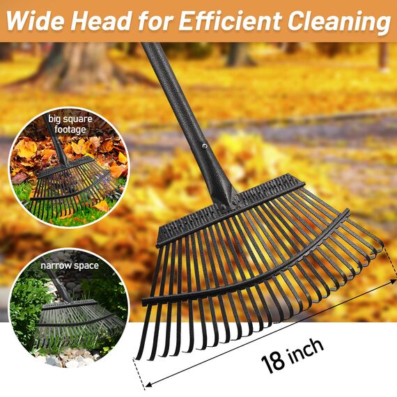 Laubbesen für Gartenarbeit – 45.7 cm breiter Gartenrechen für Blätter, 25 Zinken, Hofrechen für Rasenflächen, robust, 91.4–198.1 cm, Gras, abnehmbar für Camping