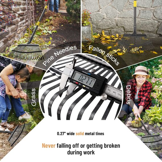 Laubbesen für Gartenarbeit – 45.7 cm breiter Gartenrechen für Blätter, 25 Zinken, Hofrechen für Rasenflächen, robust, 91.4–198.1 cm, Gras, abnehmbar für Camping