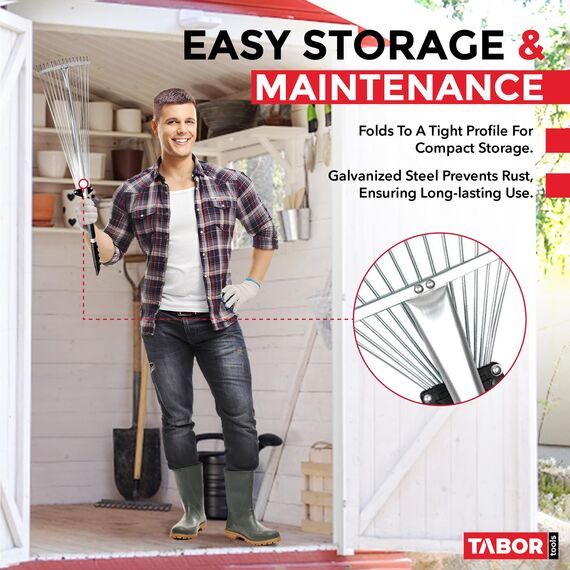 TABOR TOOLS J16E Gartenrechen, Metall Harke mit teleskopierbare Griff (82-160cm), verstellbare Laubbesen mit zusammenklappbare Werkzeugkopf (20cm - 58cm)