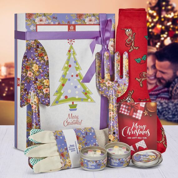 Weihnachtsgarten Geschenkset für Frauen - Werkzeuge, Kerze, Socken & Karte