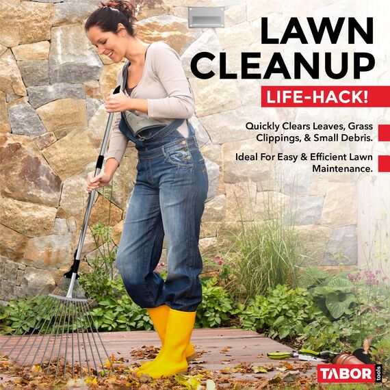 TABOR TOOLS J16E Gartenrechen, Metall Harke mit teleskopierbare Griff (82-160cm), verstellbare Laubbesen mit zusammenklappbare Werkzeugkopf (20cm - 58cm)