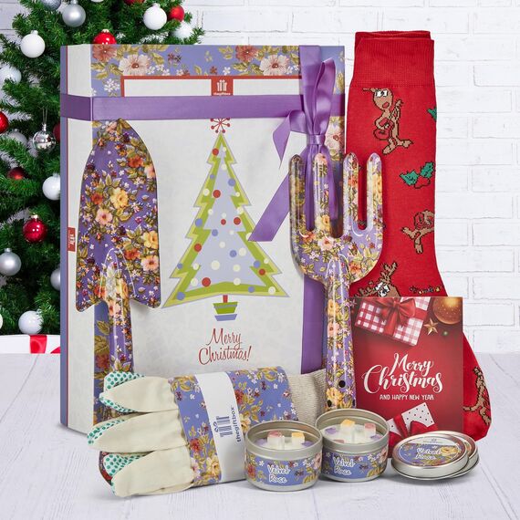Weihnachtsgarten Geschenkset für Frauen - Werkzeuge, Kerze, Socken & Karte