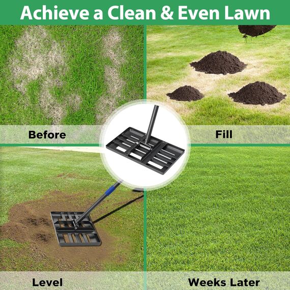 Rechen, Rasen-Nivellierrechen mit runder Kante, 1,5 m Rasen-Nivellierer mit 17 x 10 kleinen Rechen Kopf für glatten Garss, Boden, Schmutz, Sand, hohe Wirkung, Langer Griff, Bodennivellierwerkzeug für