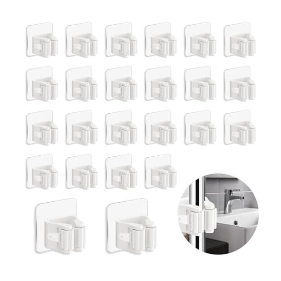 3-H Besenhalterung Wand Selbstklebend, Wandhalterung Besen ohne Bohren, Gerätehalter 24 Stück Set, Besenhalter für Gartengeräte, Werkzeugehlter für Badezimmer Küche Zuhaus Garten Garage, Cremeweiß