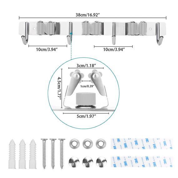SHYOSUCCE Edelstahl Besenhalter, Besenhalterung Wand mit 3 Schlitze und 4 Haken, Gerätehalter Wandhalterung für Küche, Badezimmer, Garage und Garten, Grau