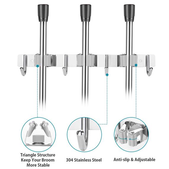 SHYOSUCCE Edelstahl Besenhalter, Besenhalterung Wand mit 3 Schlitze und 4 Haken, Gerätehalter Wandhalterung für Küche, Badezimmer, Garage und Garten, Grau