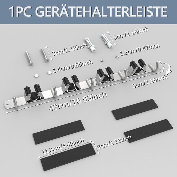 3-H Besenhalterung Wand, 2-in-1 Dual Montage (Stabile Schraubmontage oder wandschonend selbstklebend), Edelstahl Gerätehalter Wandhalterung für Badezimmer Garten Garage (4 Halter & 5 Haken, Silber)