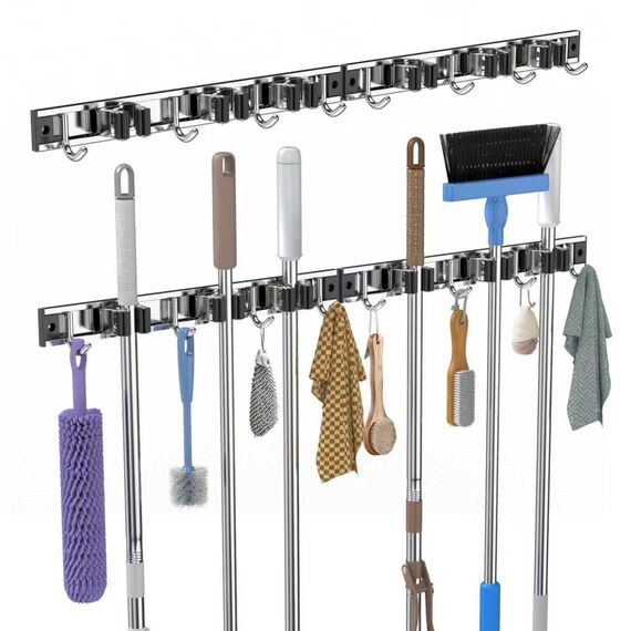 3-H Besenhalterung Wand 2x 38cm, 2-in-1 Dual Montage (Variabel verschiebbar oder wandschonend selbstklebend), Edelstahl Gerätehalter Wandhalterung für Garten Garage Keller (3 Halter & 4 Haken,Silber)