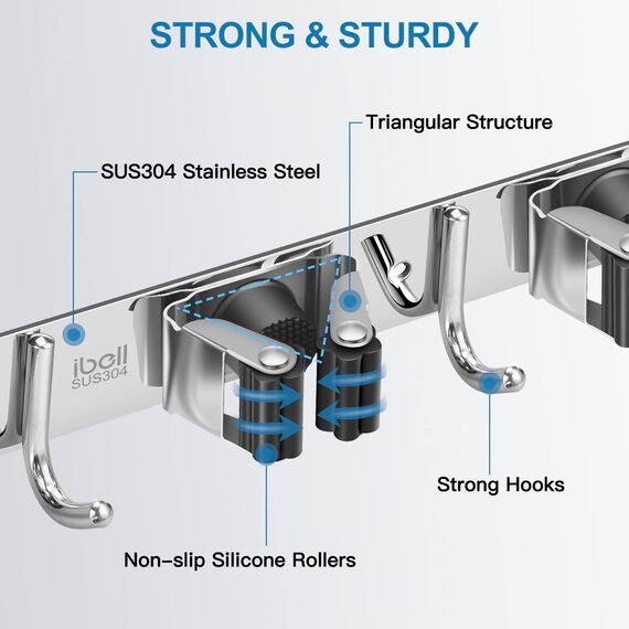 Besenhalterung Wand, ibell Gerätehalter Wandhalterung Edelstahl mit 4 Halter und 5 Haken, Gartengerätehalter Mopphalter Besenhalter Selbstklebend Werkzeughalter Wandhaken ohne Bohren für Garten Garage