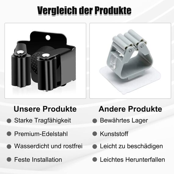 Kouclaa Besenhalterung Wand,Gerätehalter Edelstahl Gartengerätehalter Wandhalterung Selbstklebend Besenhalter Organizer für Küche Zuhause Badezimmer Garage (4 Black)