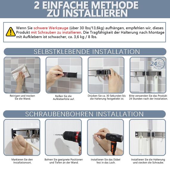 3-H Besenhalterung Wand 38cm, 2-in-1 Dual Montage (Variabel verschiebbar oder wandschonend selbstklebend), Edelstahl Gerätehalter Wandhalterung für Badezimmer Garten Garage (3 Halter & 4 Haken,Silber)