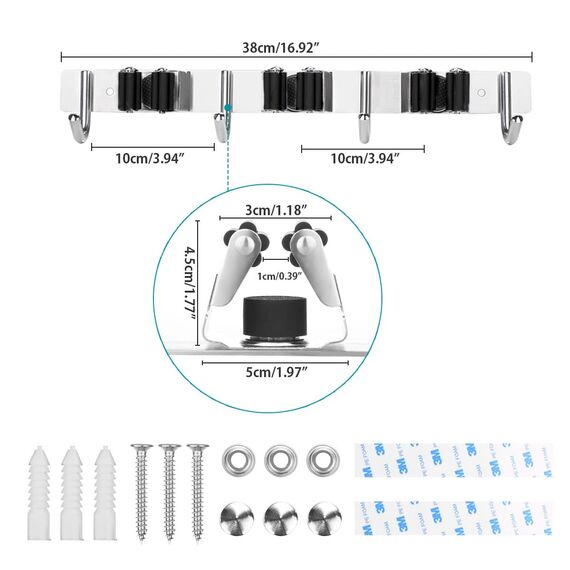 SHYOSUCCE Edelstahl Besenhalter, Besenhalterung Wand mit 3 Schlitze und 4 Haken, Gerätehalter Wandhalterung für Küche, Badezimmer, Garage und Garten, Schwarz