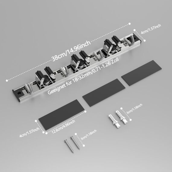 3-H Besenhalterung Wand 2x 38cm, 2-in-1 Dual Montage (Variabel verschiebbar oder wandschonend selbstklebend), Edelstahl Gerätehalter Wandhalterung für Garten Garage Keller (3 Halter & 4 Haken,Silber)