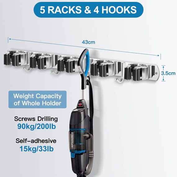 ibell 2 Stück Besenhalterung Wand, Gerätehalter Edelstahl mit 10 Halter und 8 Haken, Gartengerätehalter Wandhaken Mopphalter Wandhalterung Selbstklebend Werkzeughalter für Badezimmer Garten Garage