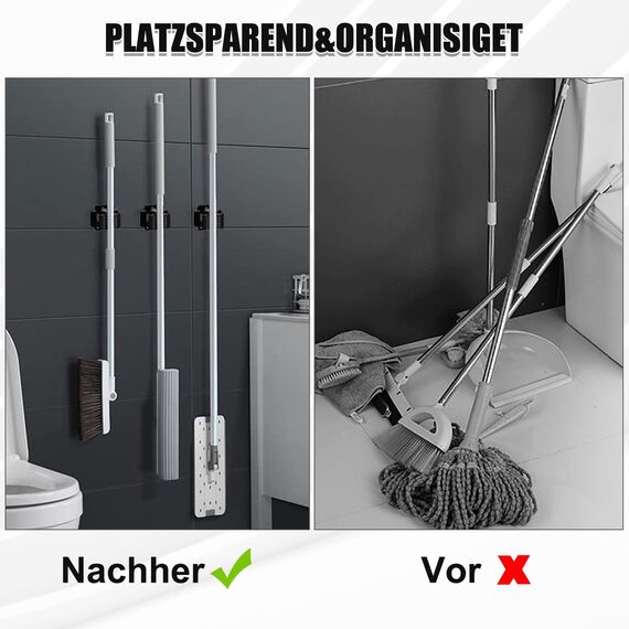 Kouclaa Besenhalterung Wand,Gerätehalter Edelstahl Gartengerätehalter Wandhalterung Selbstklebend Besenhalter Organizer für Küche Zuhause Badezimmer Garage (4 Black)