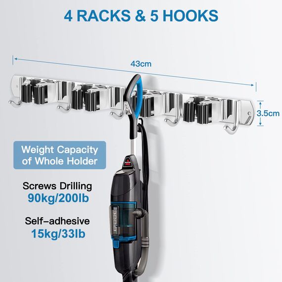 Besenhalterung Wand, ibell Gerätehalter Wandhalterung Edelstahl mit 4 Halter und 5 Haken, Gartengerätehalter Mopphalter Besenhalter Selbstklebend Werkzeughalter Wandhaken ohne Bohren für Garten Garage