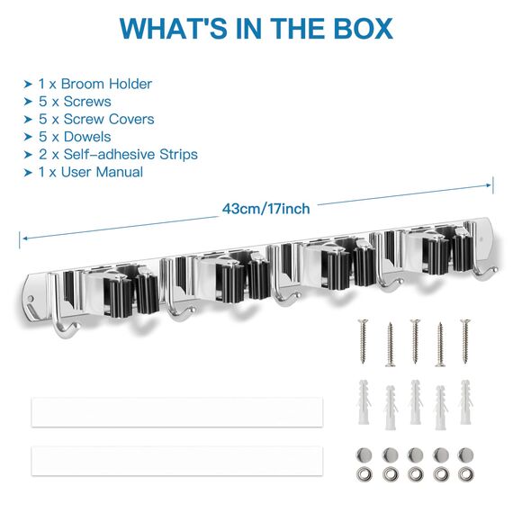 Besenhalterung Wand, ibell Gerätehalter Wandhalterung Edelstahl mit 4 Halter und 5 Haken, Gartengerätehalter Mopphalter Besenhalter Selbstklebend Werkzeughalter Wandhaken ohne Bohren für Garten Garage