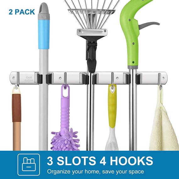 ibell 2 Stück Besenhalterung Wand, Gerätehalter Edelstahl, Besen Mop Halter Wandhalterung, Selbstklebend Werkzeughalter Organizer mit 3 Halter und 4 Haken für Zuhause Küche Badezimmer