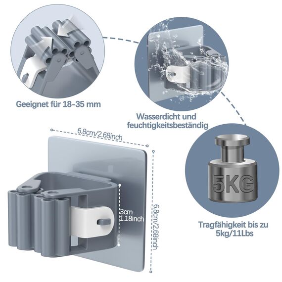 3-H Besenhalterung Wand Selbstklebend, Wandhalterung Besen ohne Bohren, Gerätehalter 40 Stück Set, Besenhalter für Gartengeräte, Werkzeugehlter für Badezimmer Küche Zuhaus Garten Garage, Grau