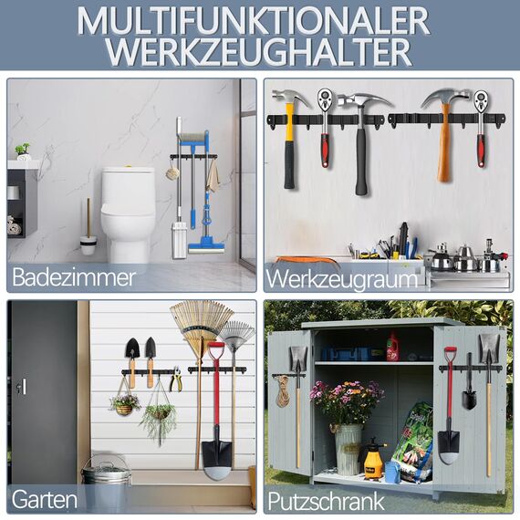 3-H Besenhalterung Wand, 2-in-1 Dual Montage (Stabile Schraubmontage oder wandschonend selbstklebend), Edelstahl Gerätehalter Wandhalterung für Badezimmer Garten Garage (3 Halter & 4 Haken, Schwarz)