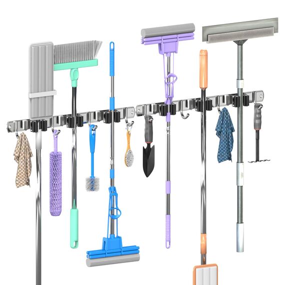 3-H Besenhalterung Wand 2 Stück, 2-in-1 Dual Montage (Stabile Schraubmontage oder wandschonend selbstklebend), Edelstahl Gerätehalter Wandhalterung für Garten Garage Keller(3 Halter & 4 Haken, Silber)