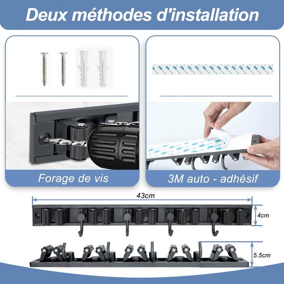 Airminti Besenhalterung Wand, 2 Stück Gartengerätehalter mit 5 Halter 4 Haken, Verschiebbar Abnehmbar Wandhalterung Besen Gerätehalter Edelstahl Selbstklebend für Zuhause Küche Badezimmer (schwarz)