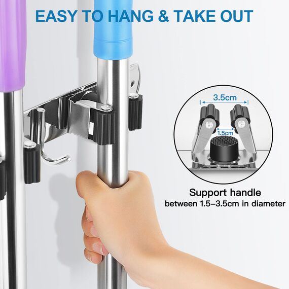 Besenhalterung Wand, IBELL Gerätehalter Edelstahl Wandhalterung mit 5 Halter und 4 Haken, Gartengerätehalter Besenhalter Mopphalter Wandhaken Selbstklebend Werkzeughalter ohne Bohren für Garten Garage