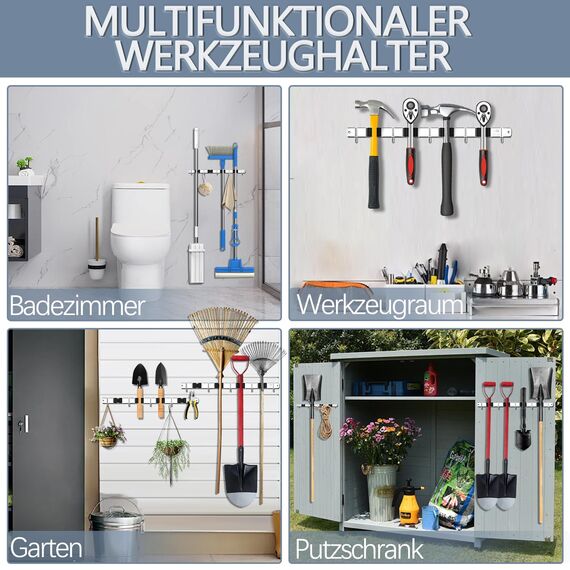 3-H Besenhalterung Wand, 2-in-1 Dual Montage (Stabile Schraubmontage oder wandschonend selbstklebend), Edelstahl Gerätehalter Wandhalterung für Badezimmer Garten Garage (4 Halter & 5 Haken, Silber)