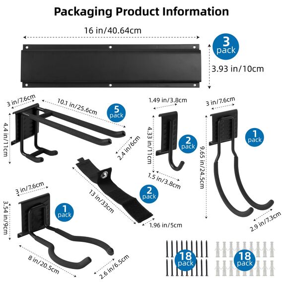 Sinoer Garage Tool Management Wandregal, Garage Wall Management Aufbewahrungsregal mit Haken mit 9 verstellbaren Bügeleisen, Gartengeräten, Stühlen, Besen, Mopps, Rechen