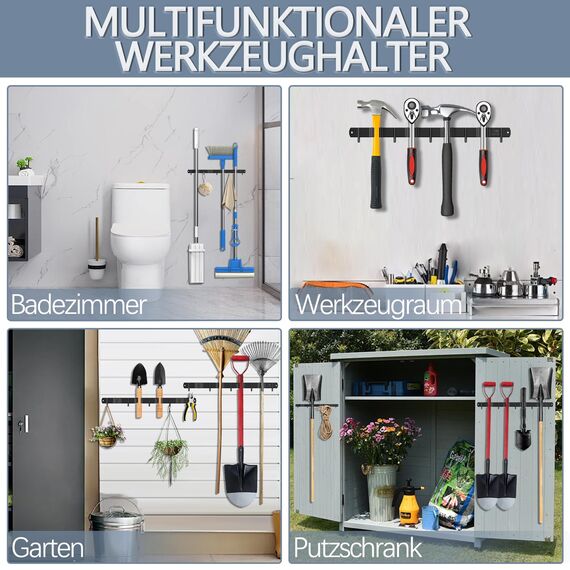 3-H Besenhalterung Wand 2 Stück, 2-in-1 Dual Montage (Stabile Schraubmontage oder wandschonend selbstklebend), Edelstahl Gerätehalter Wandhalterung für Garten Garage Keller(4 Halter & 5 Haken,Schwarz)