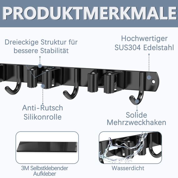 3-H Besenhalterung Wand, 2-in-1 Dual Montage (Stabile Schraubmontage oder wandschonend selbstklebend), Edelstahl Gerätehalter Wandhalterung für Badezimmer Garten Garage (3 Halter & 4 Haken, Schwarz)